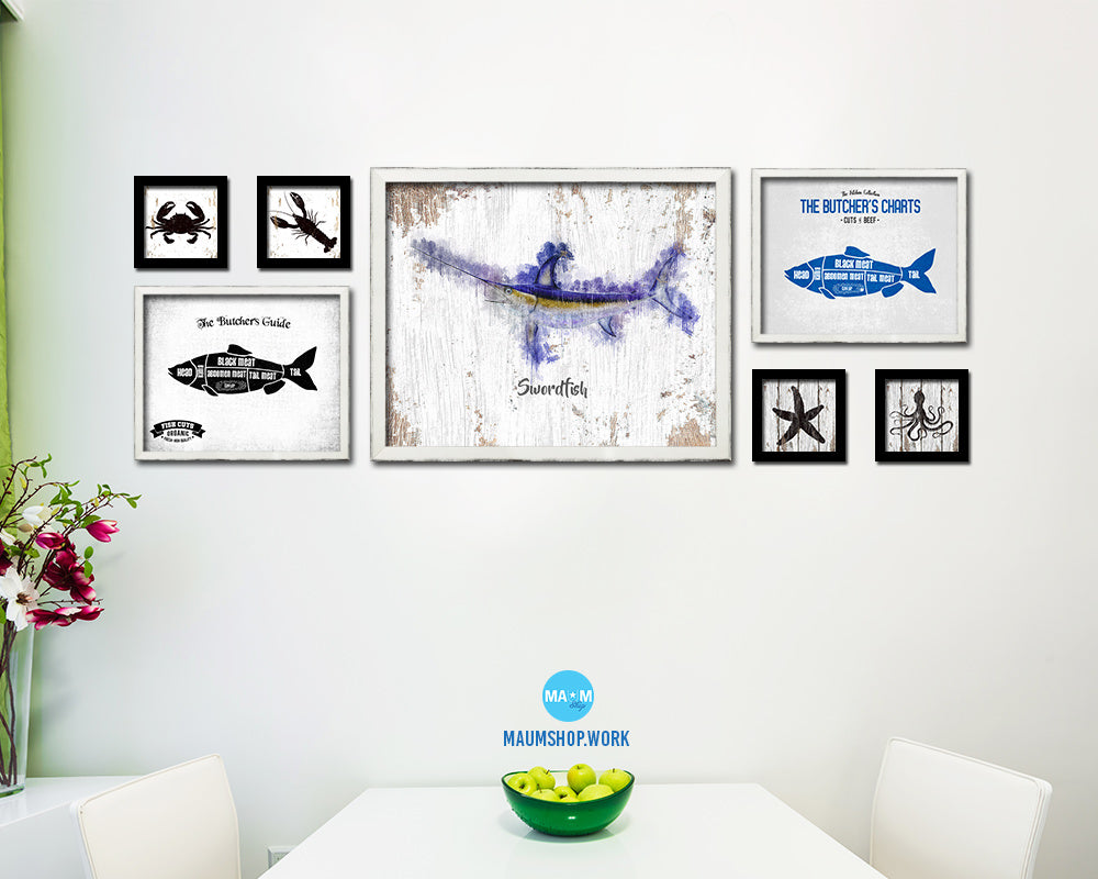 Swordfish Fish Framed Prints Modern Restaurant Sushi Bar Watercolor Wall Art Decor