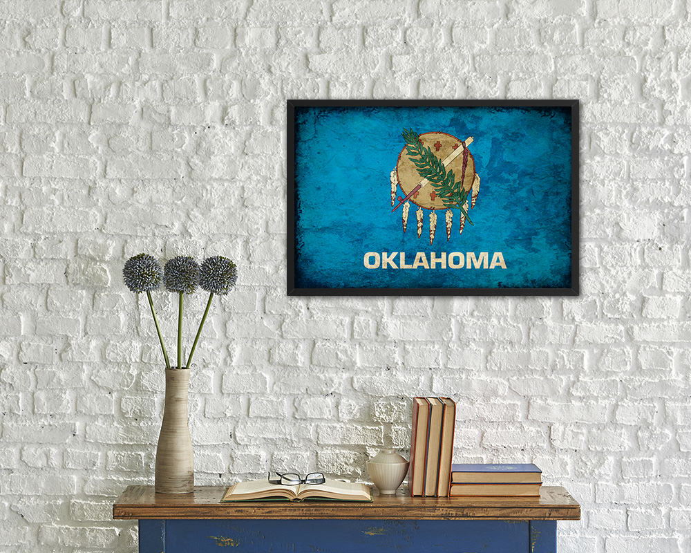 Oklahoma State Vintage Flag Wood Framed Paper Print Wall Art Decor Gifts