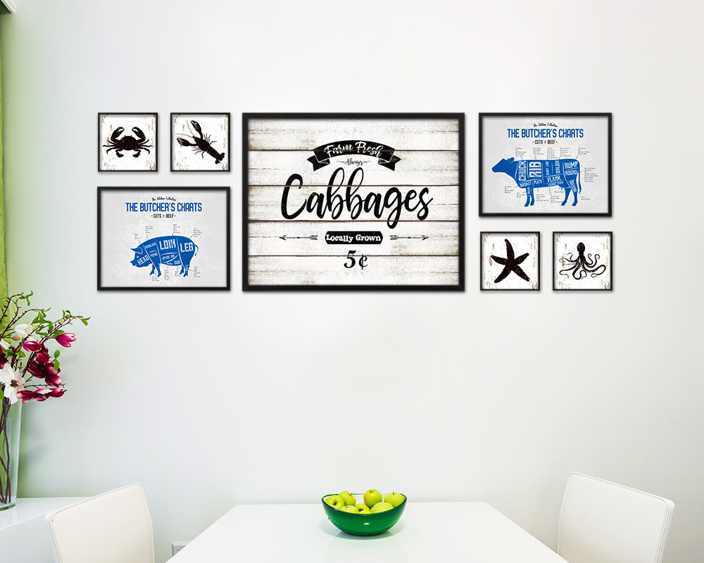 Farm Fresh Cabbages Vintage Sign Fine Art Paper Prints Wood Frame Wall Art Decor Gifts