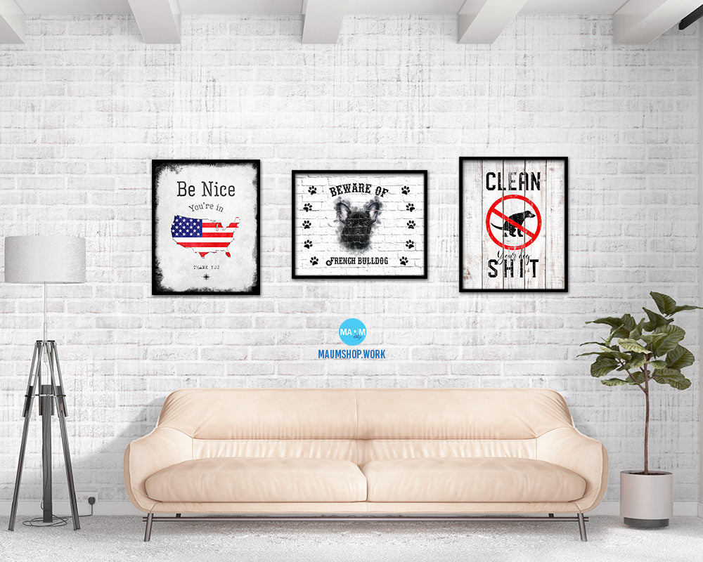 Beware of English Bulldog Sign Wood Framed Print Wall Art Decor Gifts
