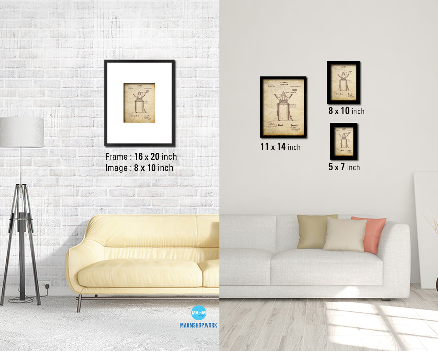 Mill Coffee Vintage Patent Artwork Walnut Frame Print Wall Art Decor Gifts