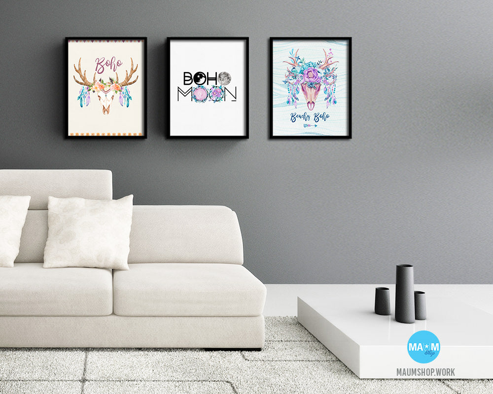 Boho Navy Peony Wood Framed Print Bohemian Girls Room Nursery Wall Art Decor Gifts