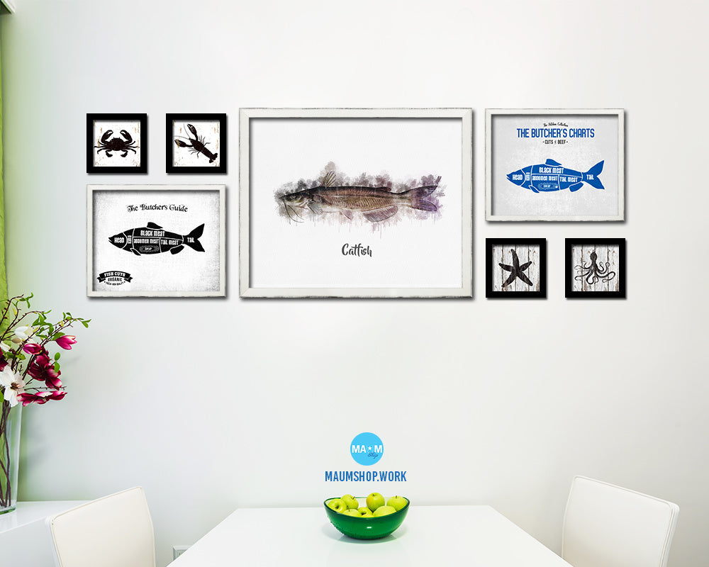 Catfish Fish Framed Prints Modern Restaurant Sushi Bar Watercolor Wall Art Decor