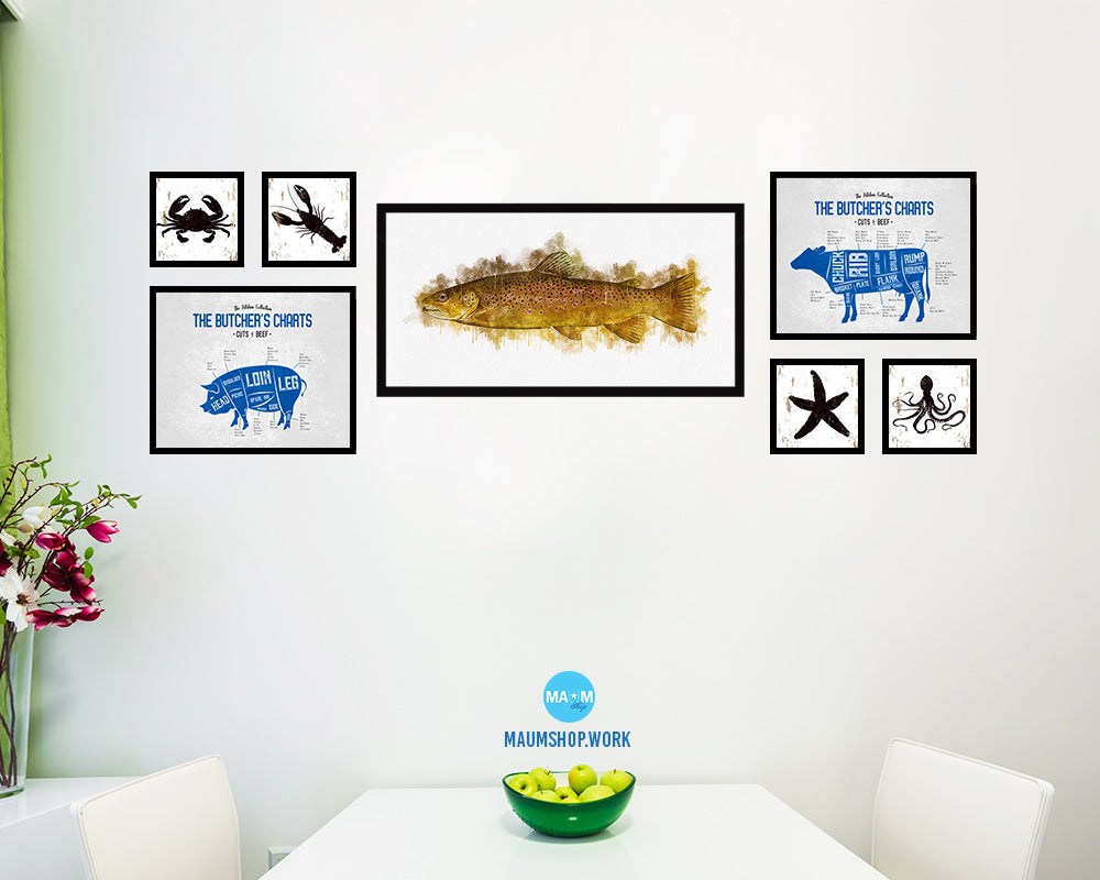 Brown Trout Fish Art Wood Frame Modern Restaurant Sushi Wall Decor Gifts, 10" x 20"