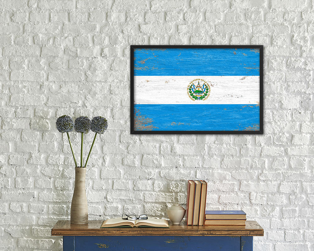 El Salvador Shabby Chic Country Flag Wood Framed Print Wall Art Decor Gifts