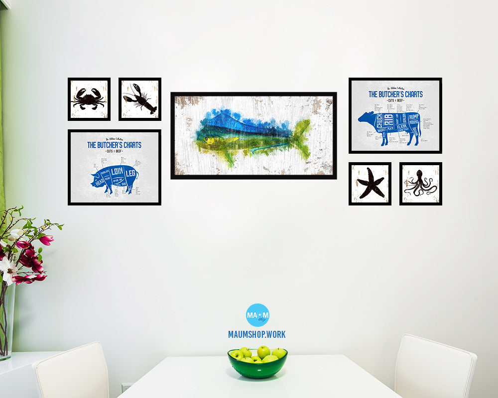 Dorado Fish Art Wood Frame Shabby Chic Restaurant Sushi Wall Decor Gifts, 10" x 20"