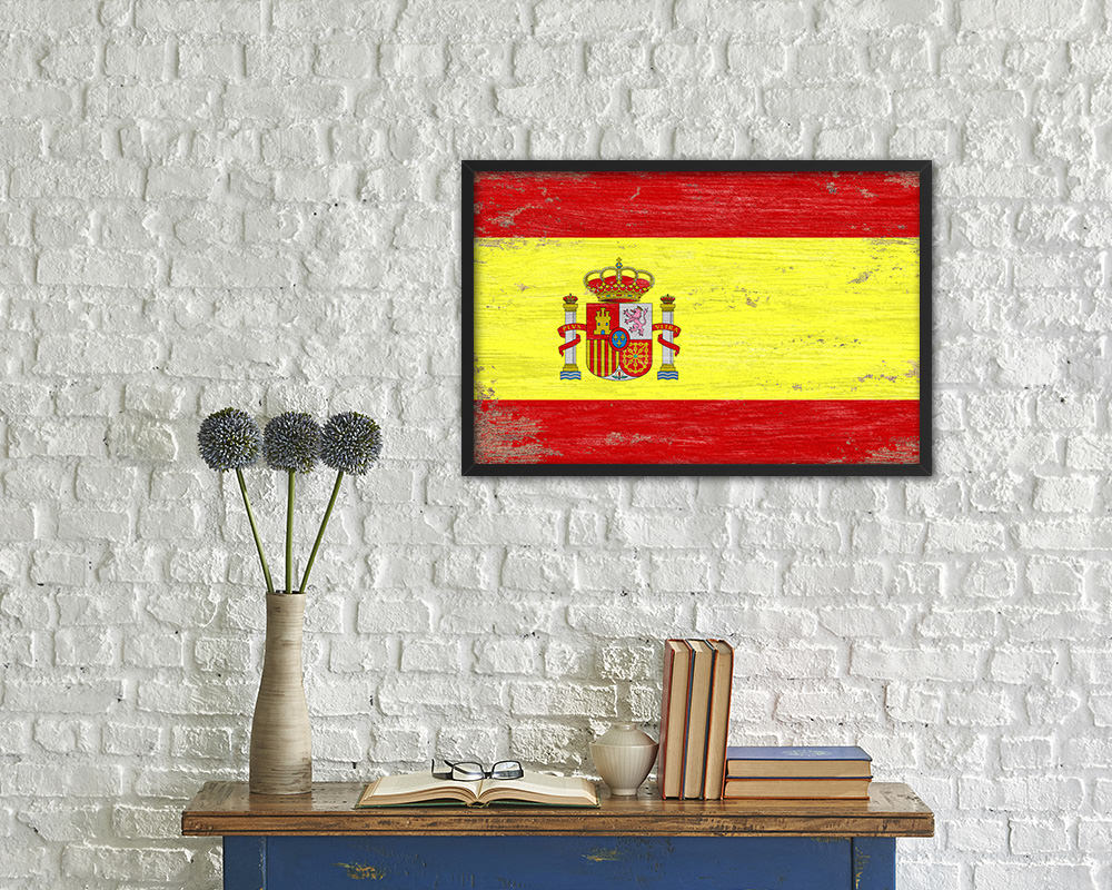 Spain Shabby Chic Country Flag Wood Framed Print Wall Art Decor Gifts