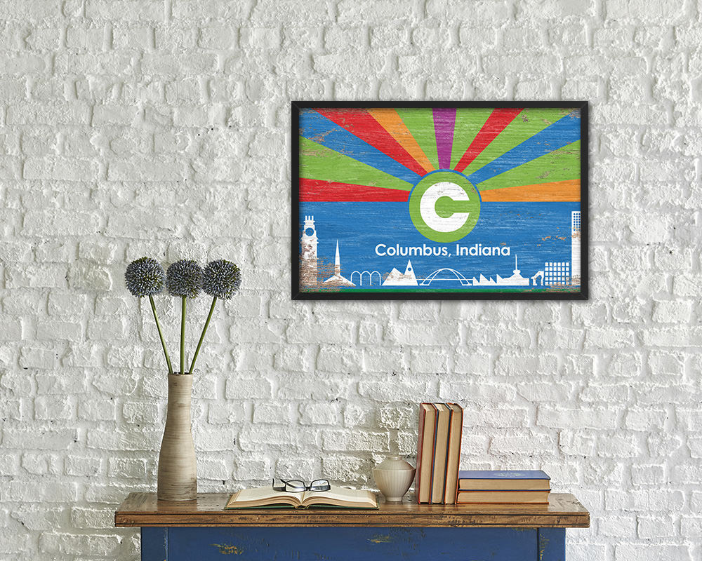 Columbus City Indiana State Shabby Chic Flag Framed Prints Decor Wall Art Gifts