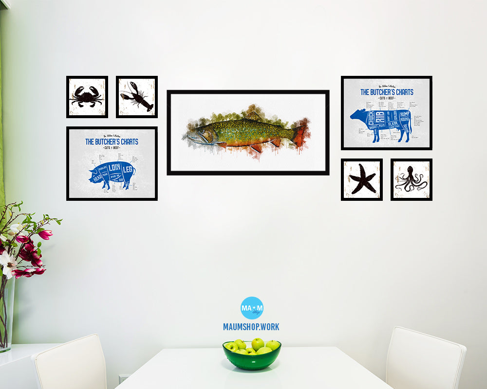 Brook Trout Fish Art Wood Frame Modern Restaurant Sushi Wall Decor Gifts, 10" x 20"