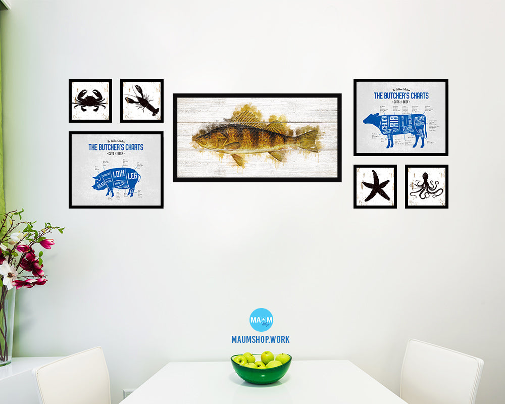 Yellow Perch Fish Art Wood Framed White Wash Restaurant Sushi Wall Decor Gifts, 10" x 20"