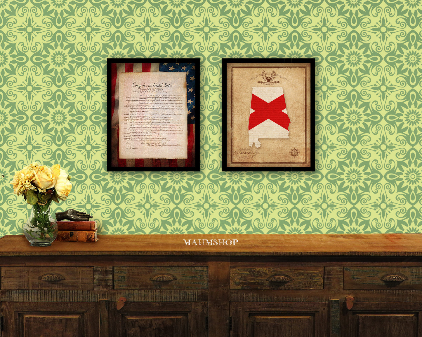 Alabama State Vintage Map Wood Framed Paper Print Wall Art Decor Gifts