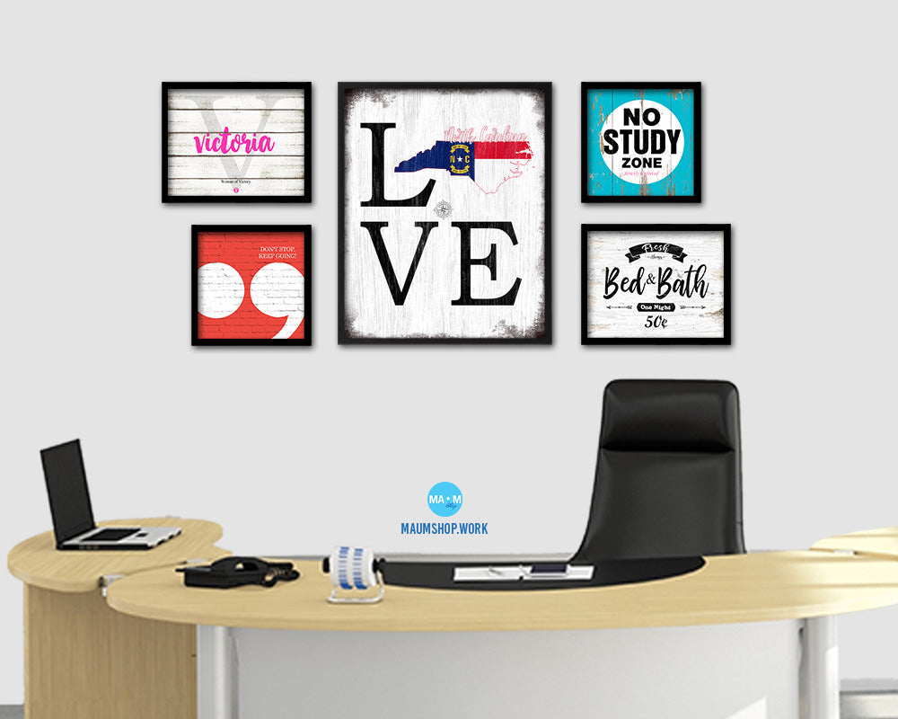 North Carolina Shabby Chic Love Sign Wood Framed Paper Print Decor Wall Art Gifts