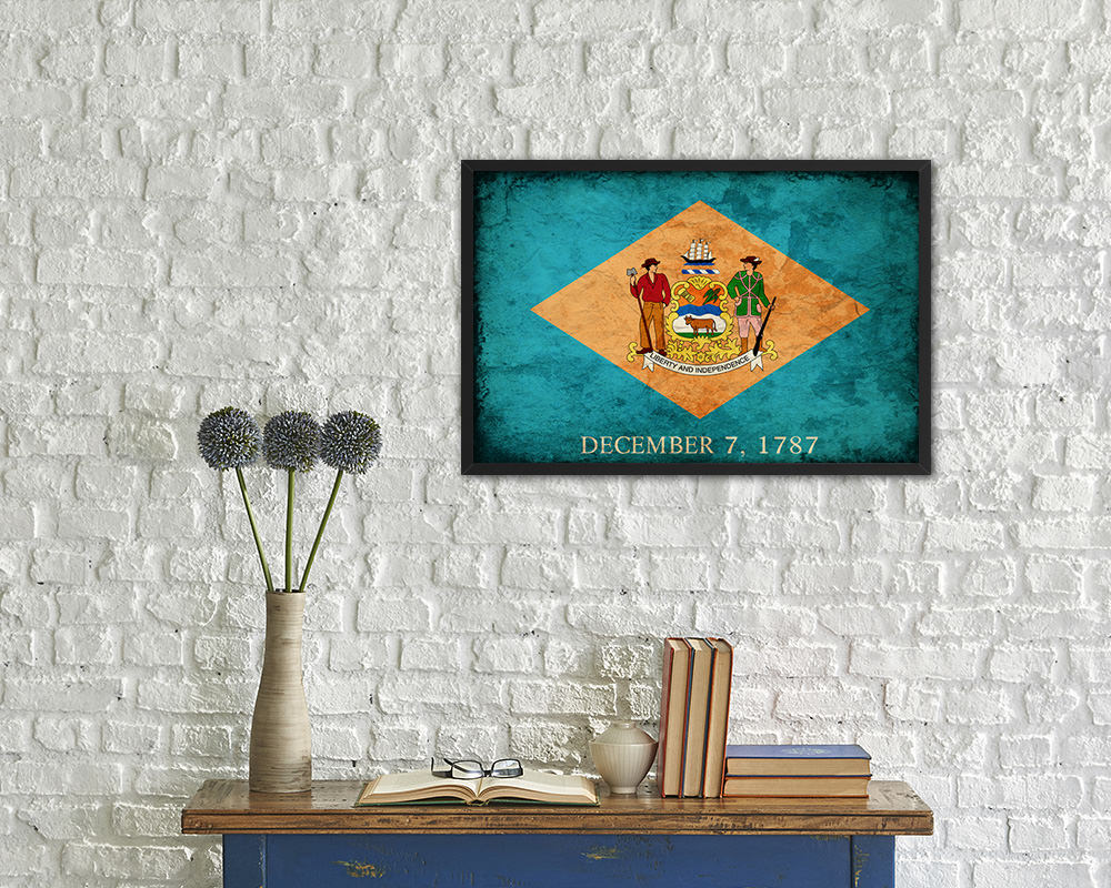 Delaware State Vintage Flag Wood Framed Paper Print Wall Art Decor Gifts