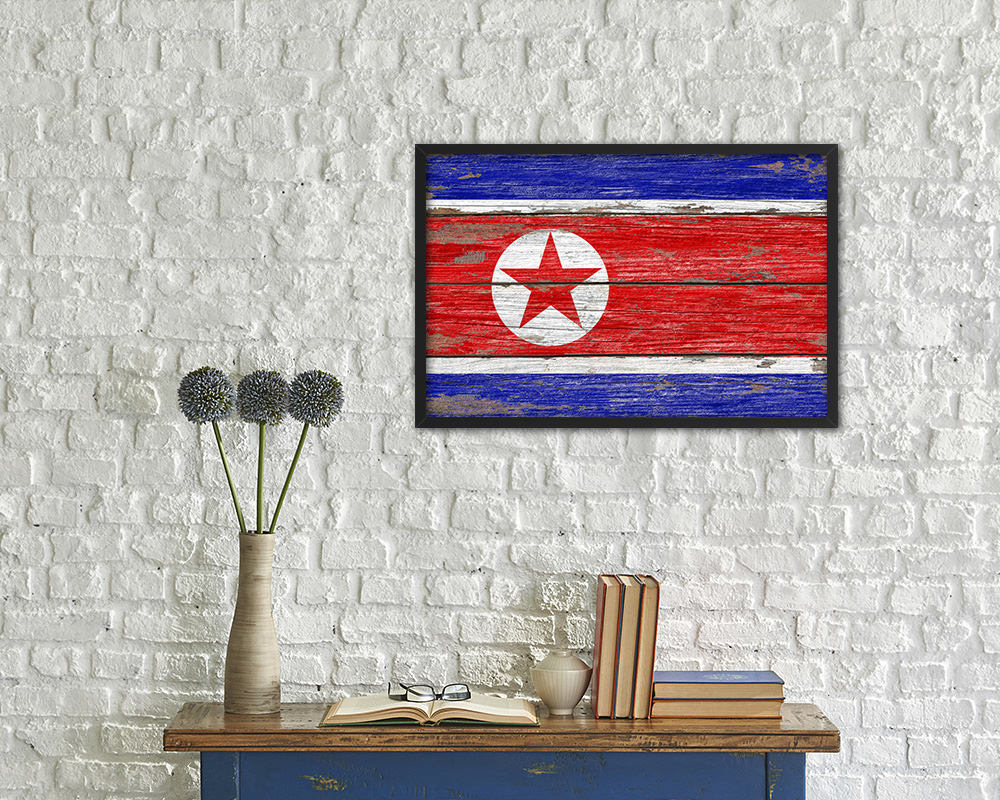 North Korea Country Wood Rustic National Flag Wood Framed Print Wall Art Decor Gifts