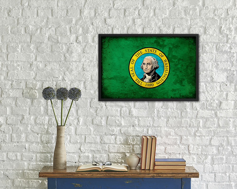 Washington State Vintage Flag Wood Framed Paper Print Wall Art Decor Gifts
