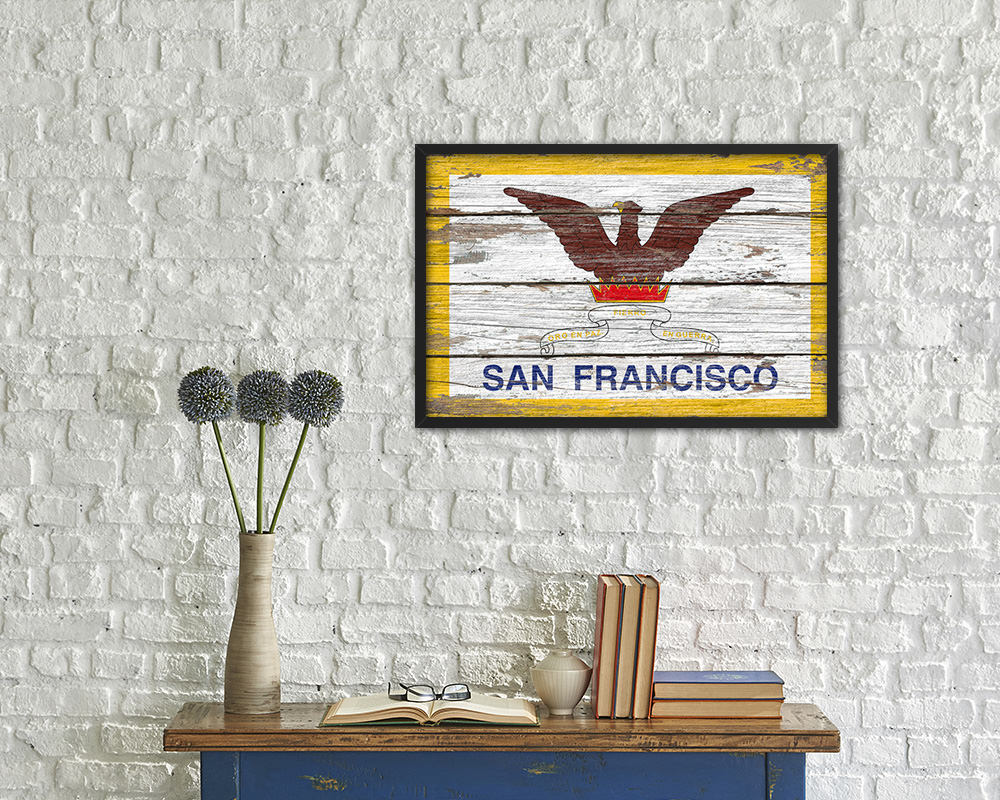 San Francisco City San Francisco State Rustic Flag Wood Framed Paper Prints Decor Wall Art Gifts
