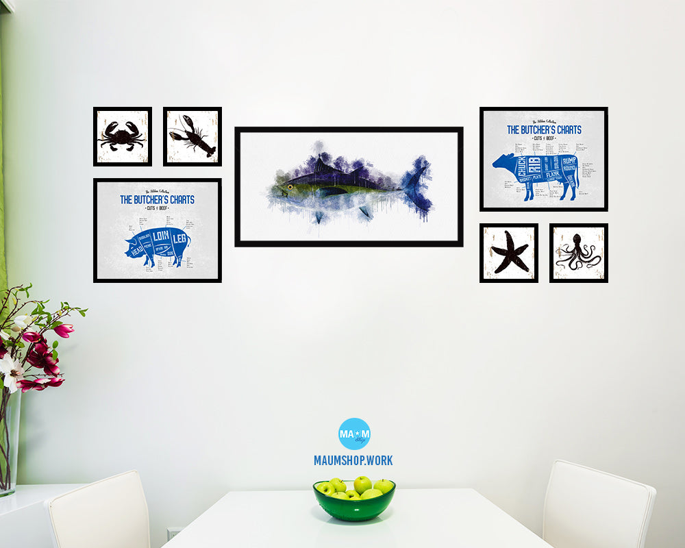 Blackfin Tuna Fish Art Wood Frame Modern Restaurant Sushi Wall Decor Gifts, 10" x 20"