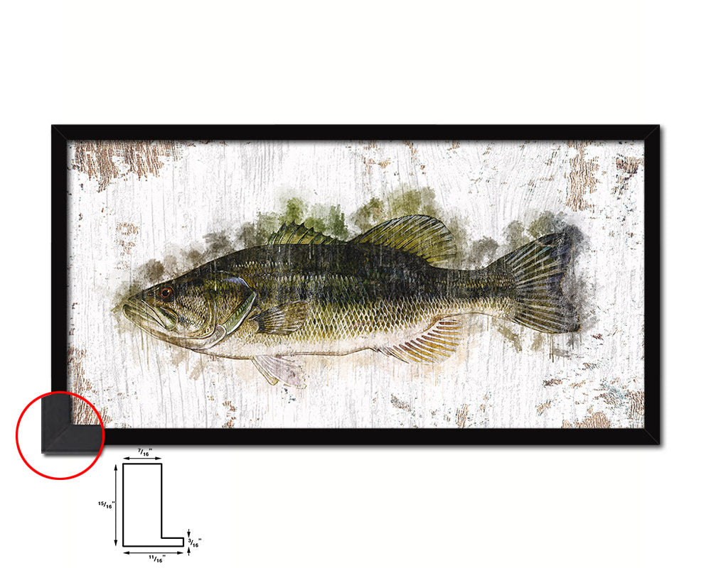 Largemouth Bass Fish Art White Wash Wood Frame Home Decor Wall Prints 