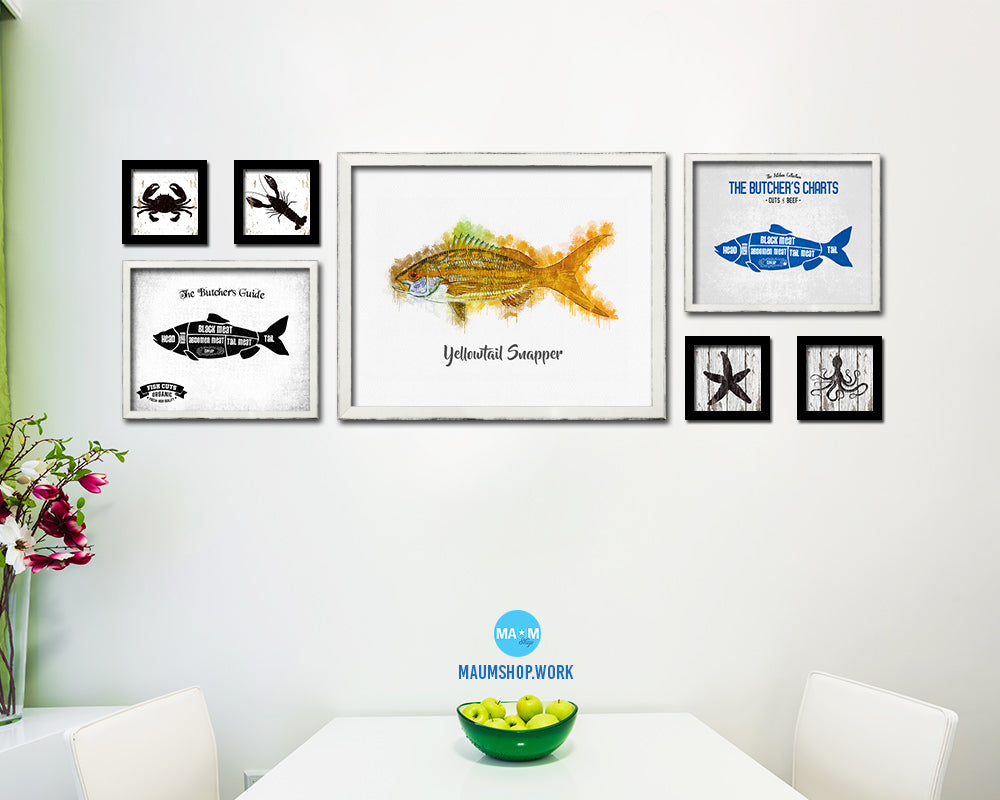 Yellowtail Snapper Fish Framed Prints Modern Restaurant Sushi Bar Watercolor Wall Art Decor