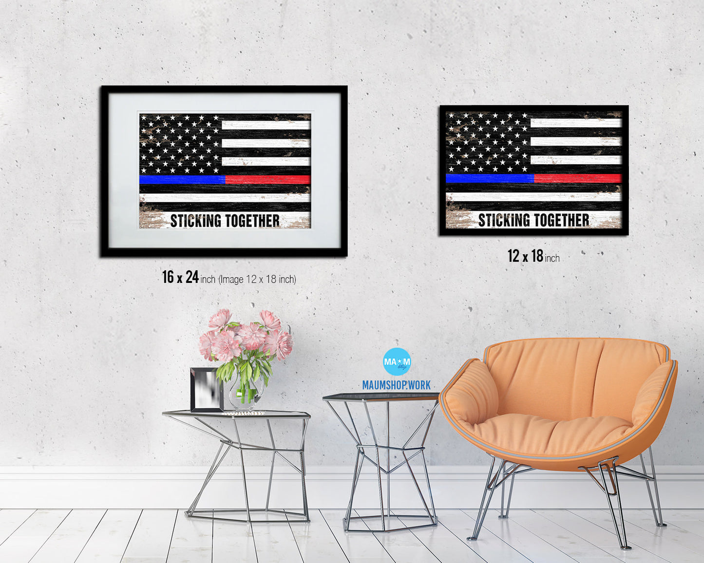 Thin Blue Line Police & Thin Red Line Firefighter Respect, Sticking Together Shabby Chic Military FlagArt