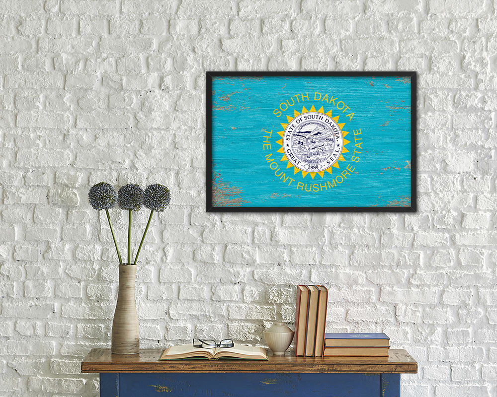 South Dakota State Shabby Chic Flag Wood Framed Paper Print Wall Art Decor Gifts