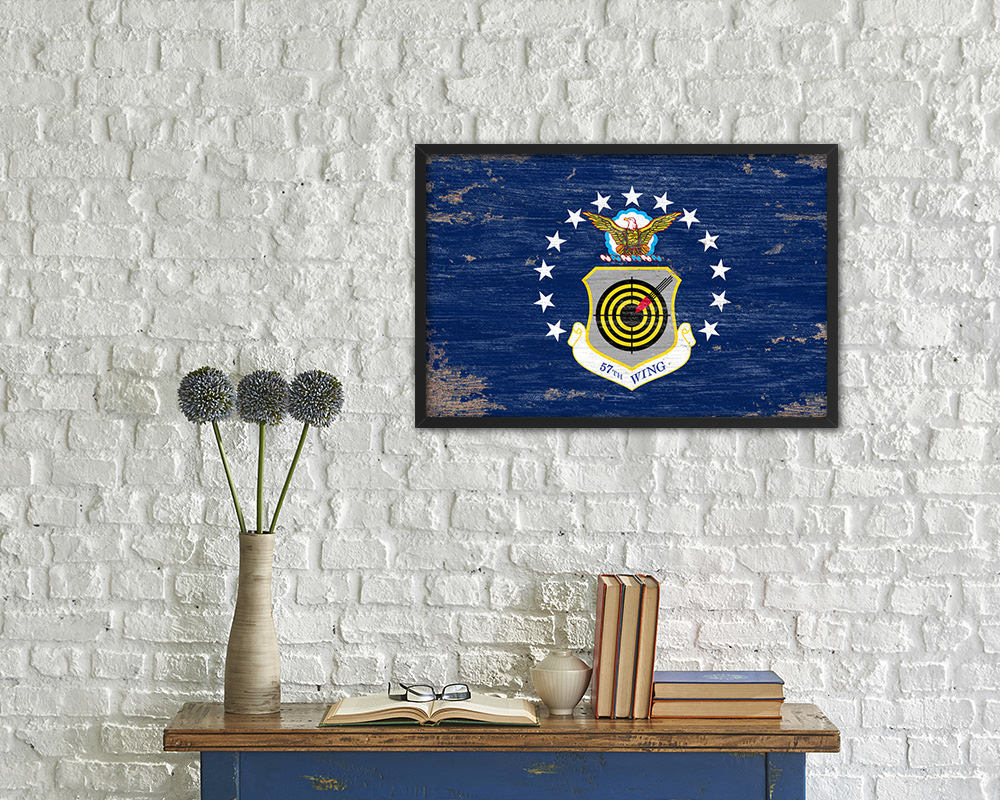 104th Fighter Wing Shabby Chic Emblem Flag Wood Framed Prints Wall Art Decor Gifts