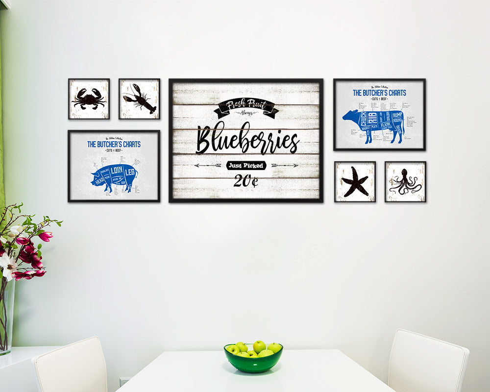Fresh Fruit Blueberries Vintage Sign Fine Art Paper Prints Wood Frame Wall Art Decor Gifts