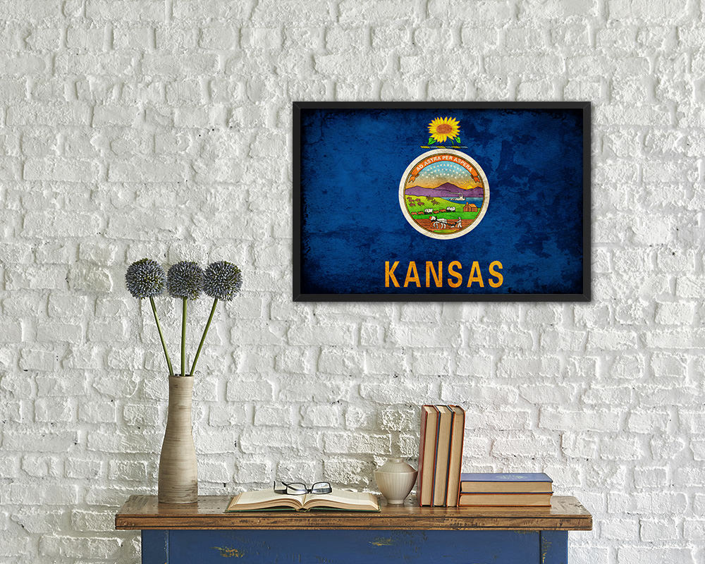 Kansas State Vintage Flag Wood Framed Paper Print Wall Art Decor Gifts