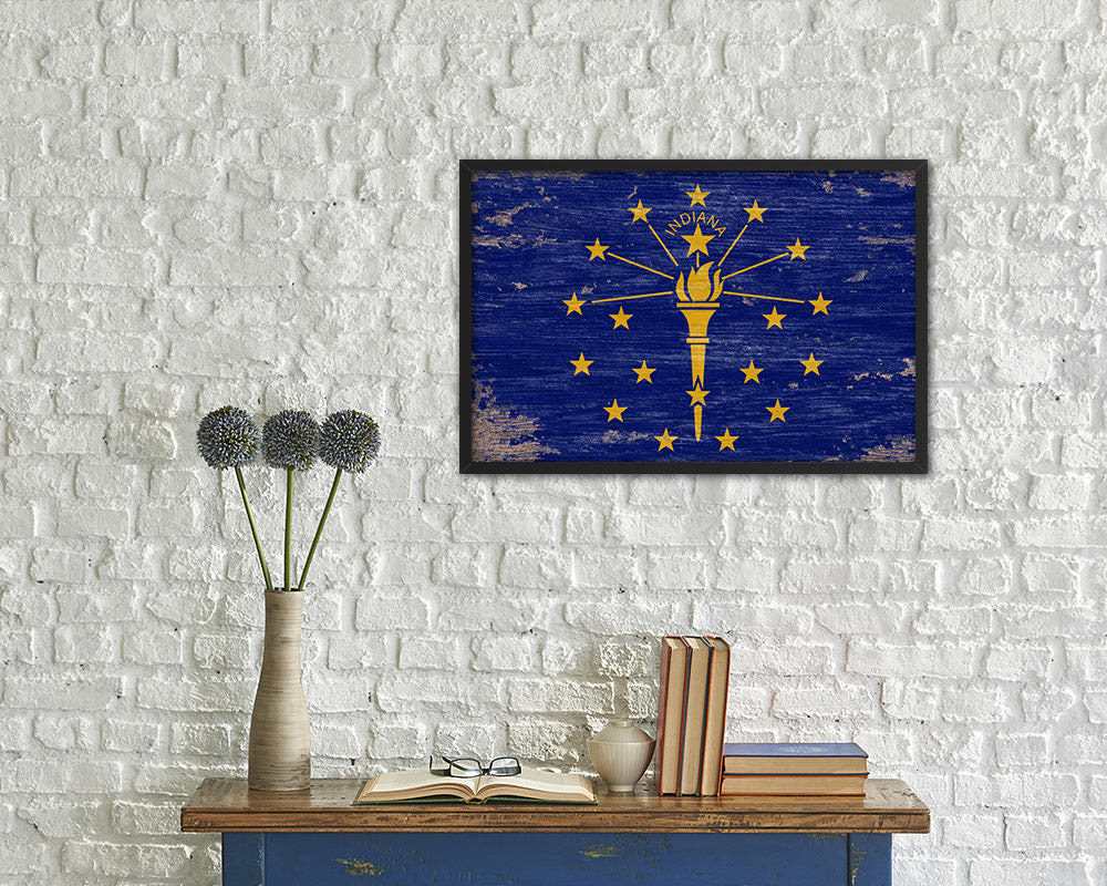Indiana State Shabby Chic Flag Wood Framed Paper Print Wall Art Decor Gifts