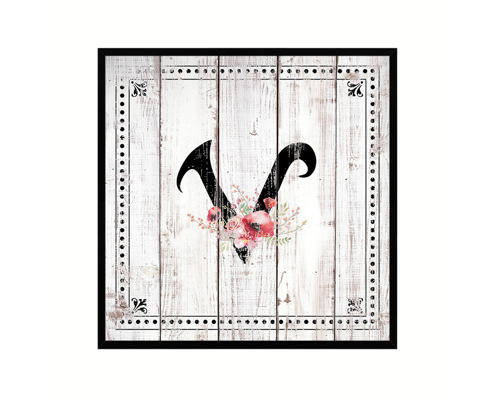 Letters V Custom Monogram Name Sign Framed Prints Wall Art Décor, White Wash Wood