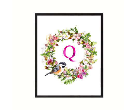 Letter Q Custom Floral Wreath Monogram Framed Prints Wall Art