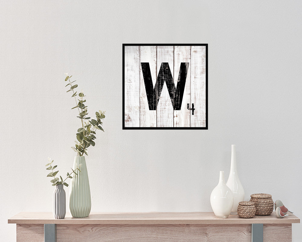 Letter W Custom Scrabble Sign Framed Prints Wall Art Decor Gifts, White Wash Wood