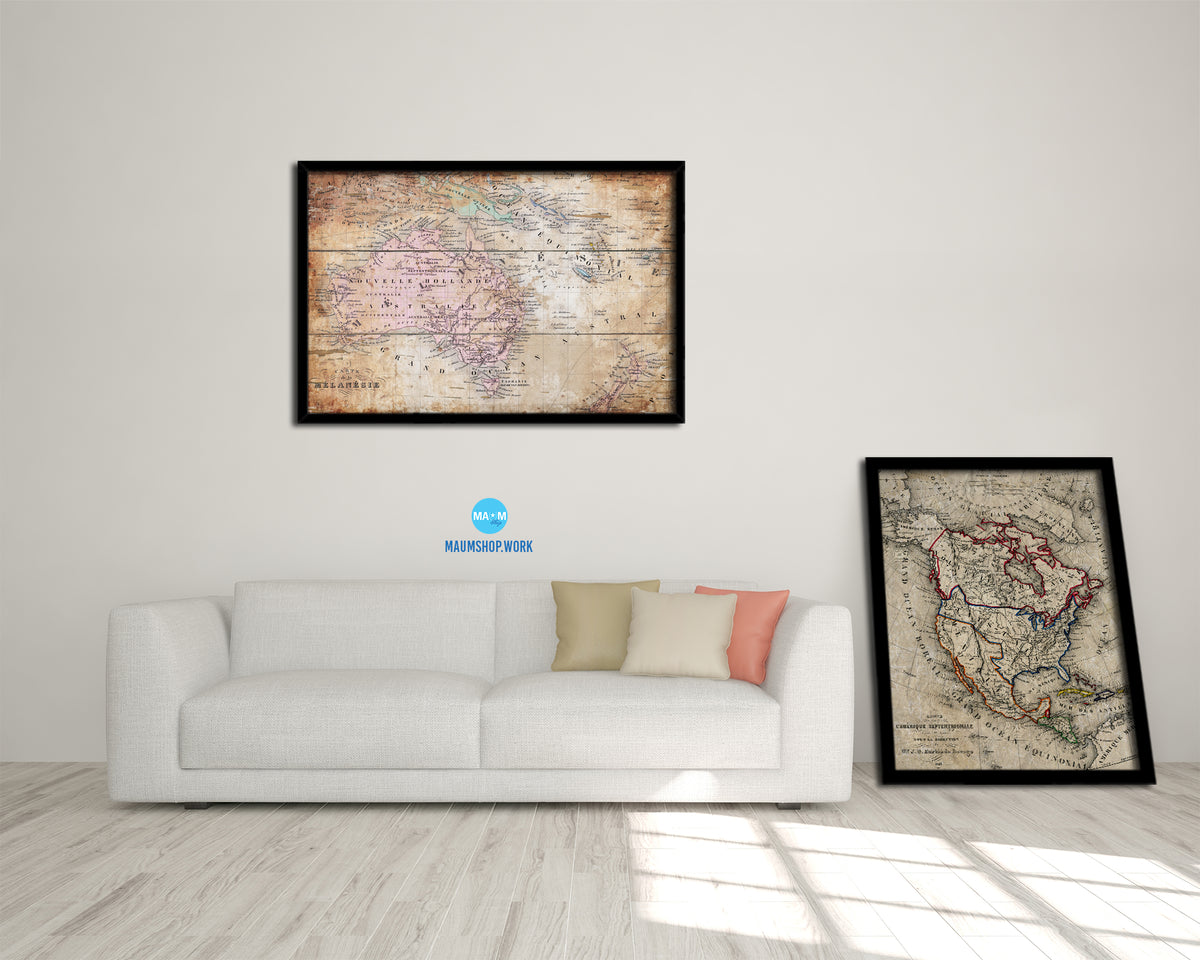 Australia New Zealand Oceania Antique Map Framed Print Art Wall Decor Gifts
