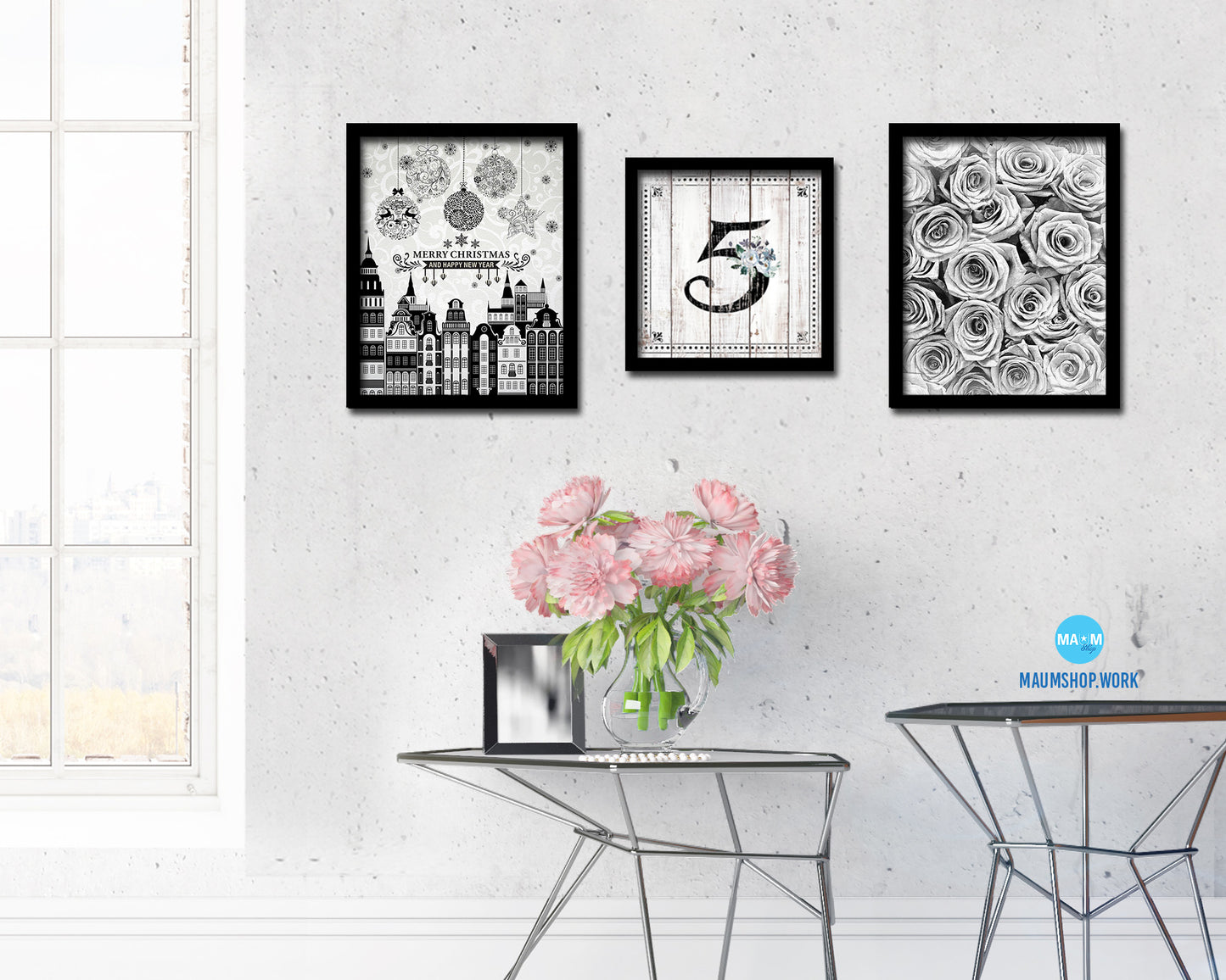 Number 5 Custom Monogram Name Sign Framed Prints Wall Art Décor, White Wash Wood