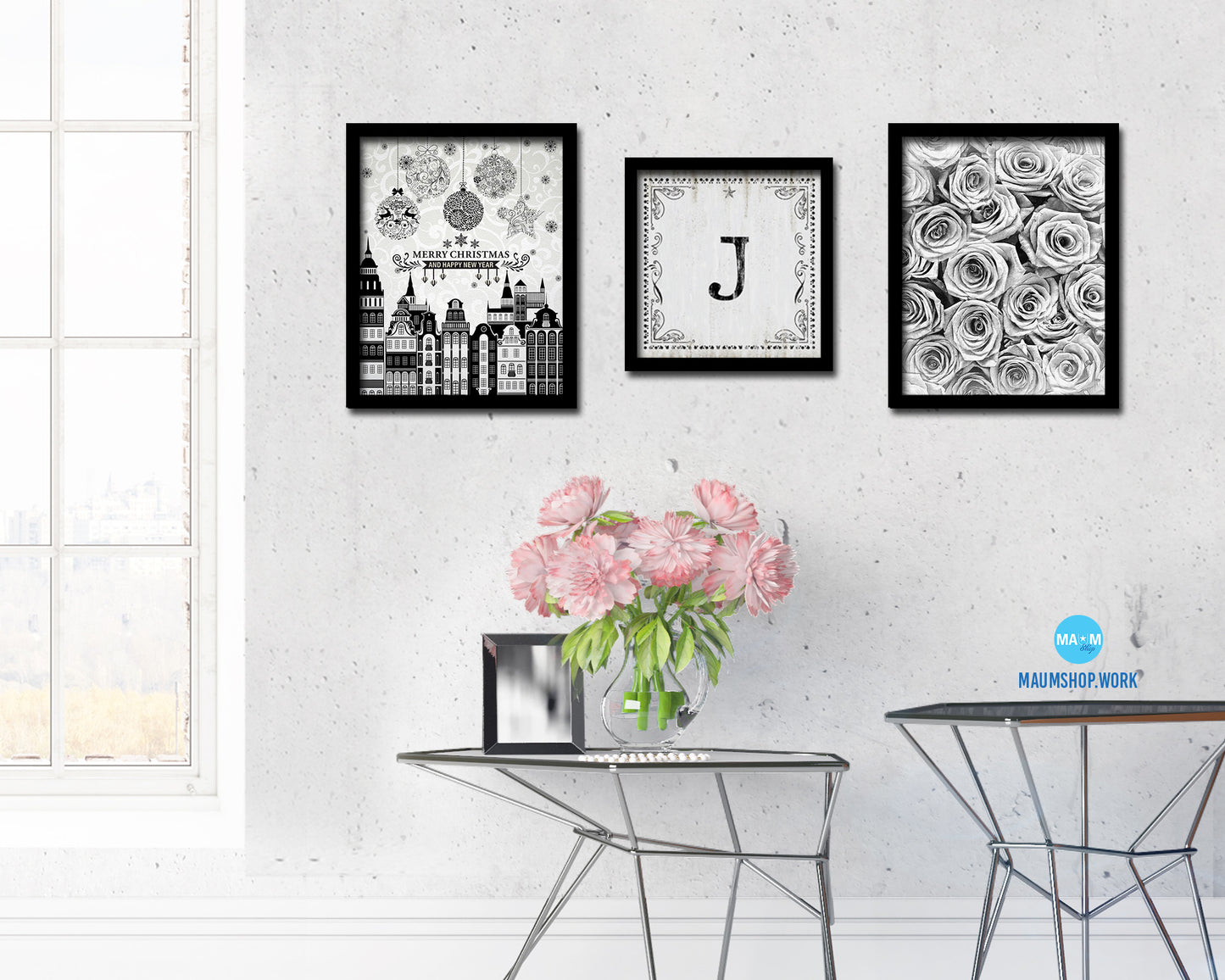 Letters J Custom Monogram Name Sign Framed Prints Wall Art Décor, White Wash