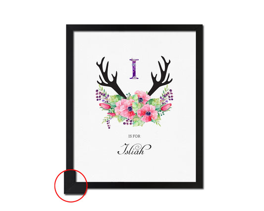 Letter I Watercolor Floral Boho Custom Initial Name Sign Framed Prints Wall Art