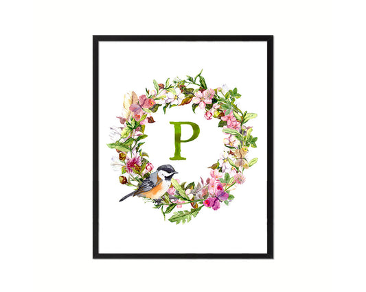 Letter P Custom Floral Wreath Monogram Framed Prints Wall Art