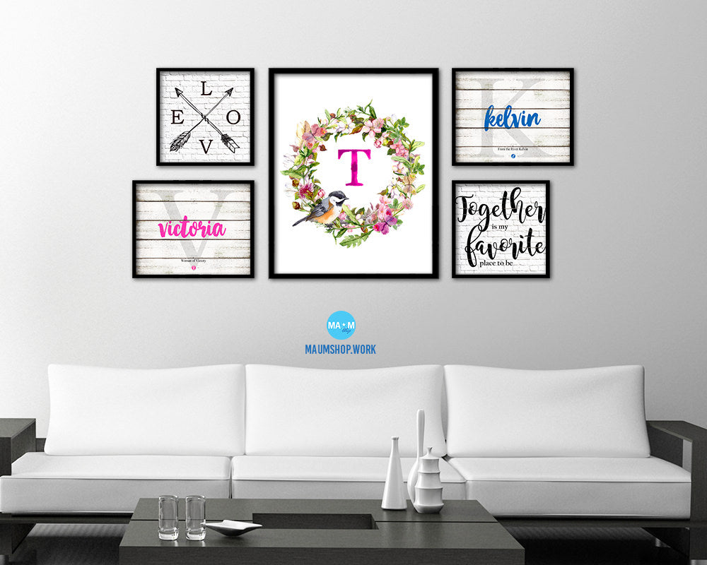 Letter T Custom Floral Wreath Monogram Framed Prints Wall Art