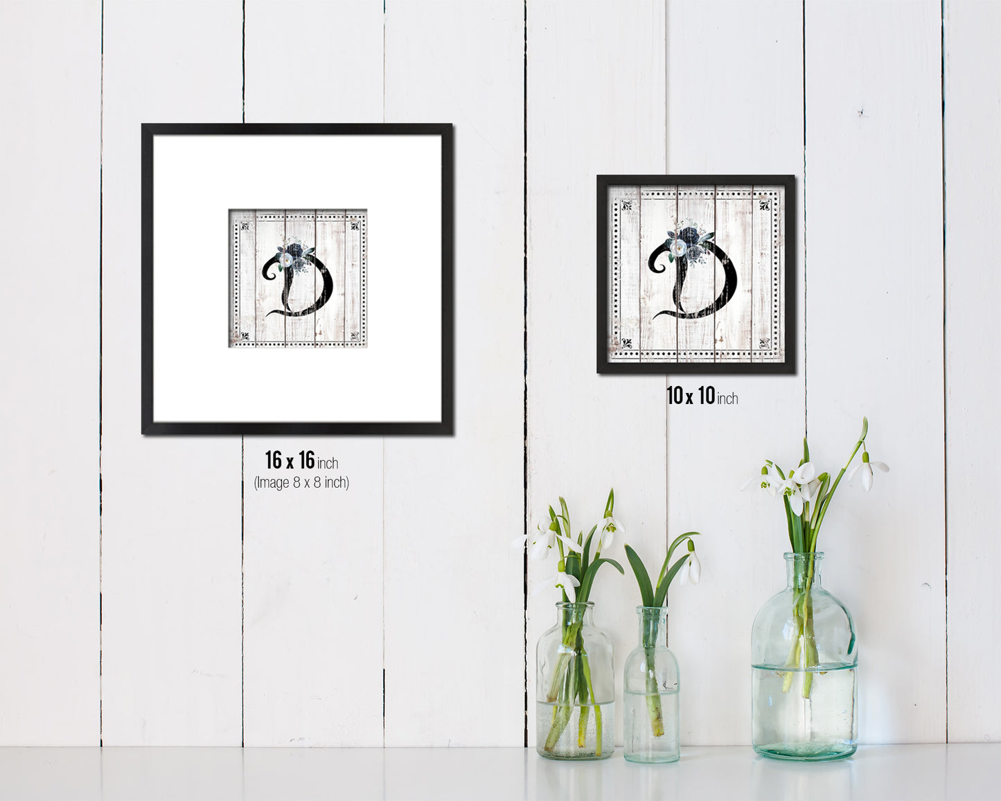 Letters D Custom Monogram Name Sign Framed Prints Wall Art Décor, White Wash Wood
