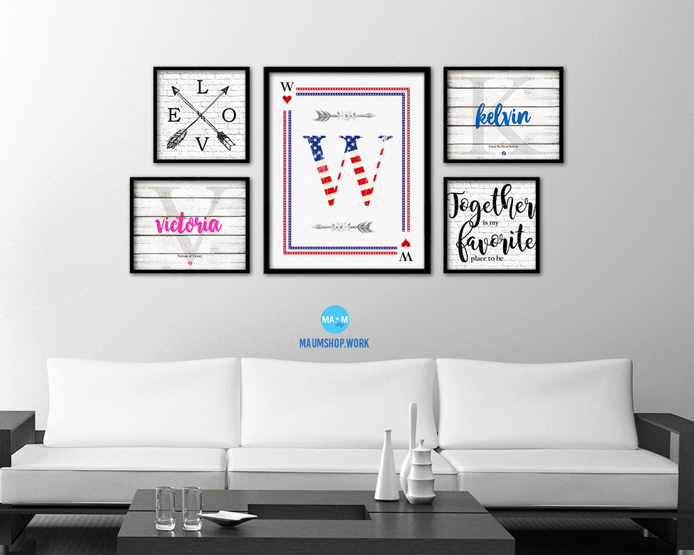 Letter W Personalized Initial American Flag Playing Card Framed Prints Wall Art