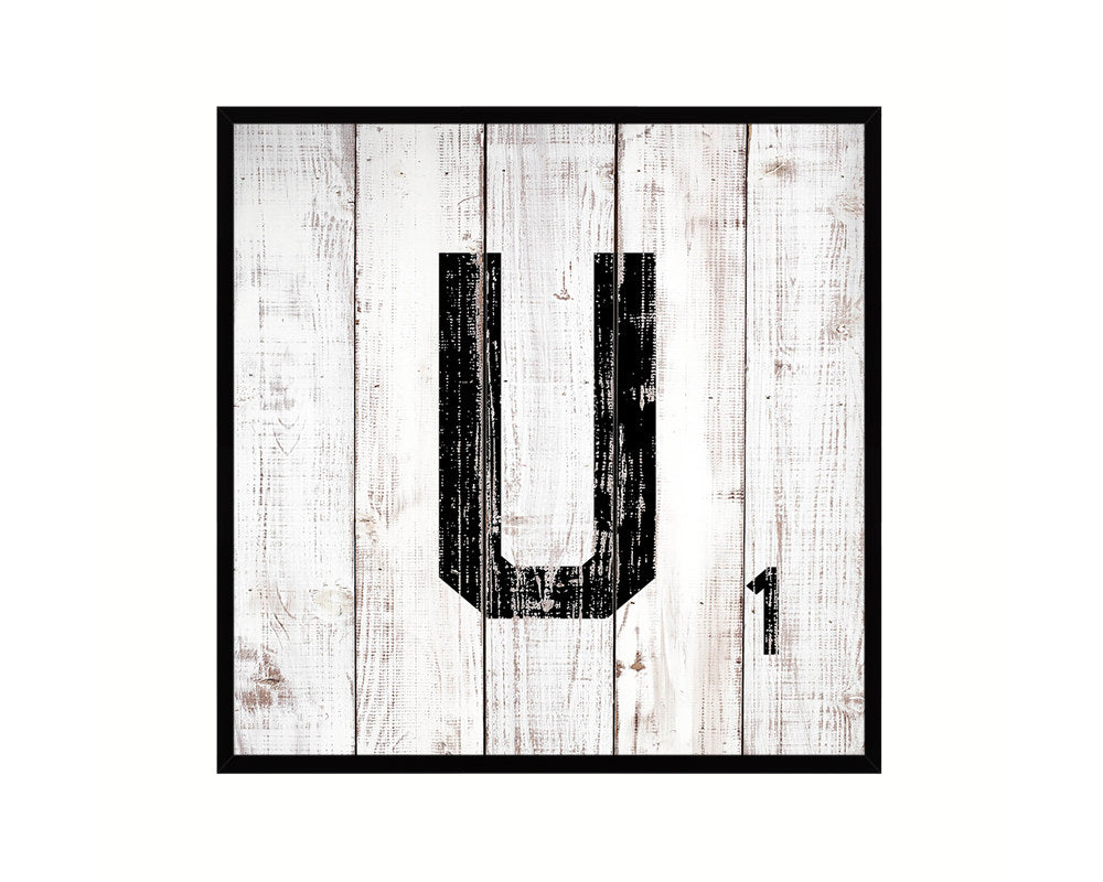 Letter U Custom Scrabble Sign Framed Prints Wall Art Decor Gifts, White Wash Wood