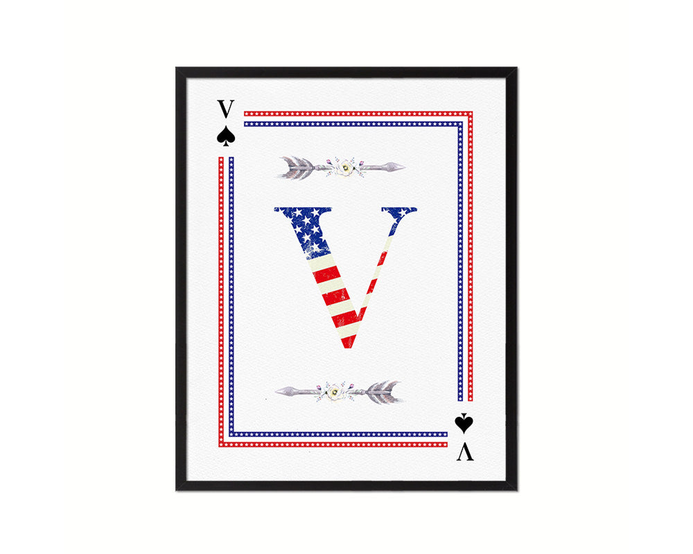 Letter V Personalized Initial American Flag Playing Card Framed Prints Wall Art