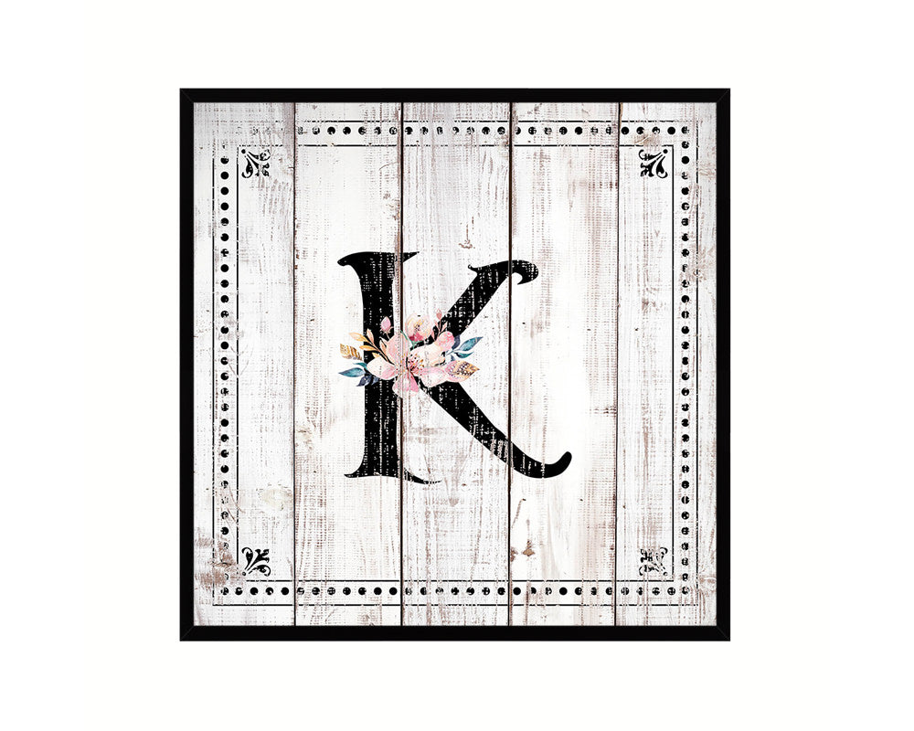 Letters K Custom Monogram Name Sign Framed Prints Wall Art Décor, White Wash Wood