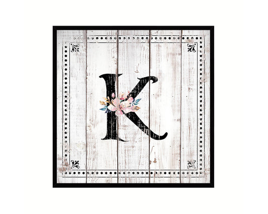 Letters K Custom Monogram Name Sign Framed Prints Wall Art Décor, White Wash Wood