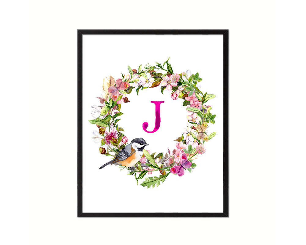 Letter J Custom Floral Wreath Monogram Framed Prints Wall Art