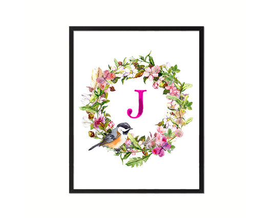Letter J Custom Floral Wreath Monogram Framed Prints Wall Art