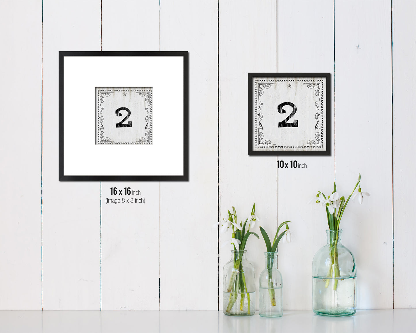 Number 2 Custom Monogram Name Sign Framed Prints Wall Art Décor, White Wash