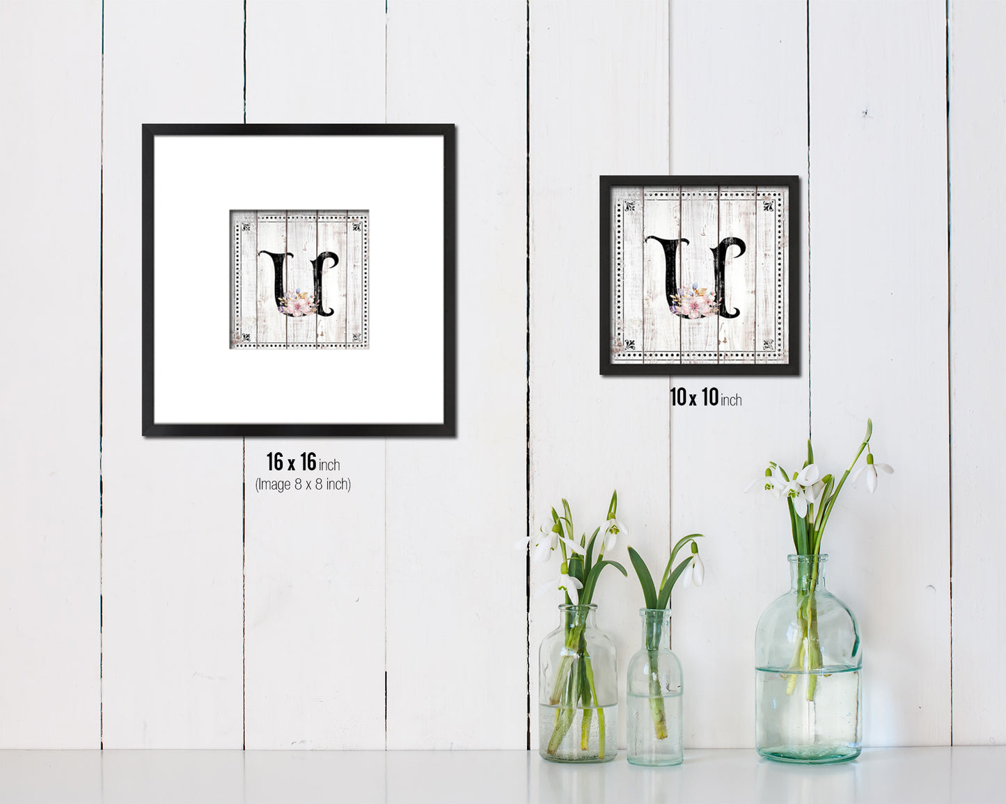 Letters U Custom Monogram Name Sign Framed Prints Wall Art Décor, White Wash Wood