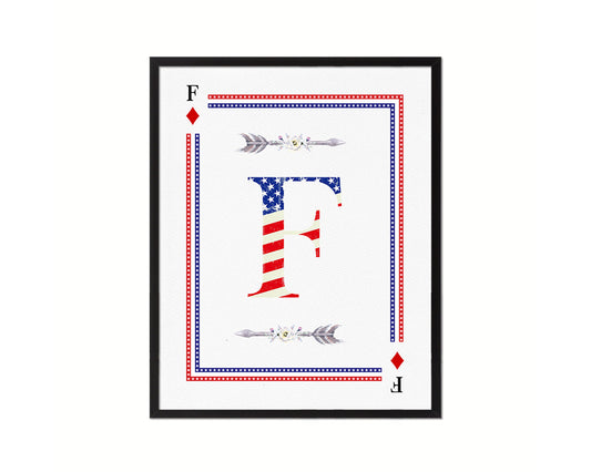Letter F Personalized Initial American Flag Playing Card Framed Prints Wall Art