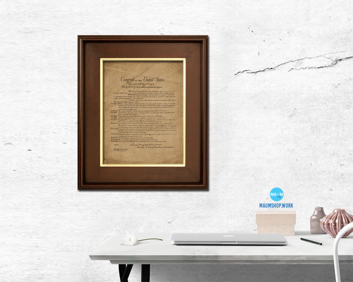 Declaration of Independence US Historical Print Art Wood Framed Wall Decor Gifts, 12" x 16"